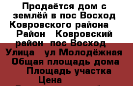 Продаётся дом с землёй в пос.Восход Ковровского района. › Район ­ Ковровский район, пос.Восход › Улица ­ ул.Молодёжная › Общая площадь дома ­ 58 › Площадь участка ­ 17 › Цена ­ 400 000 - Владимирская обл., Ковровский р-н, Восход п. Недвижимость » Дома, коттеджи, дачи продажа   